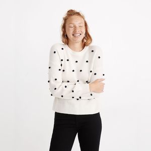 Madewell Cream Sweater with 3D Black Bobble Polka Dots - Crew Neck, XL